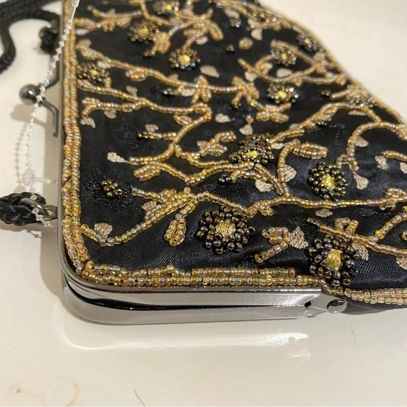 Lancôme Womens Beaded Vintage Unused Bag Black Gold Excellent Condition - Picture 14 of 14